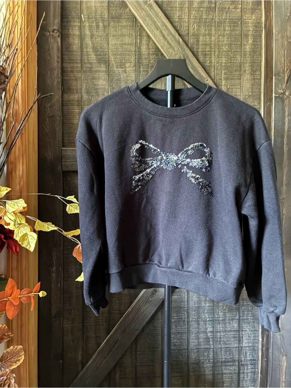Sequined Bow Black  Girls Sweatshirt